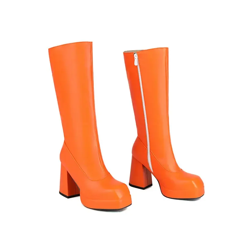 Orange Knee High Women Shoes Booties For Wide Calf Square Toe Chunky High Heels Ladies Winter Warm Platform Boots Large Size 48