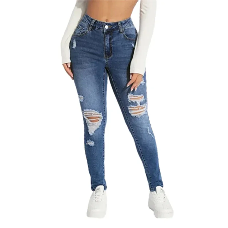 Mode Gebrochene Löcher Slim Fit Bleistift Jeans Frauen Denim Hosen Weibliche Casual Städtischen Pendler Hosen 2024 Sommer Trend Streetwear