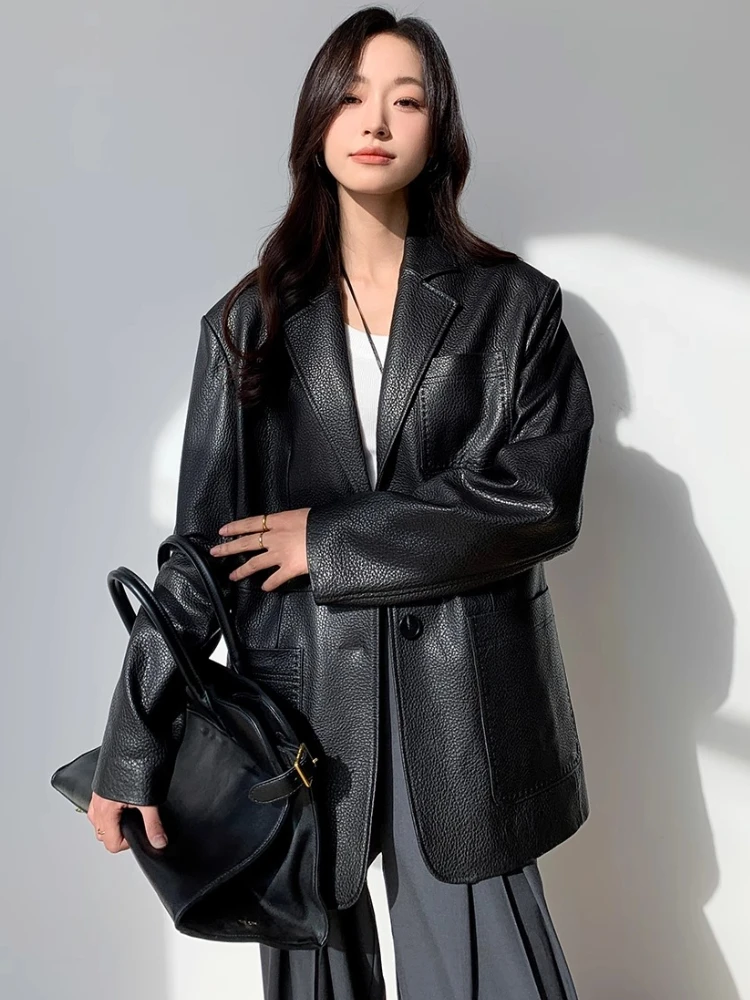 Mid-length Genuine Leather Blazer Jackets Women Spring Autumn 2025 New High-end Simple Lychee Texture Black Real Sheepskin Coat