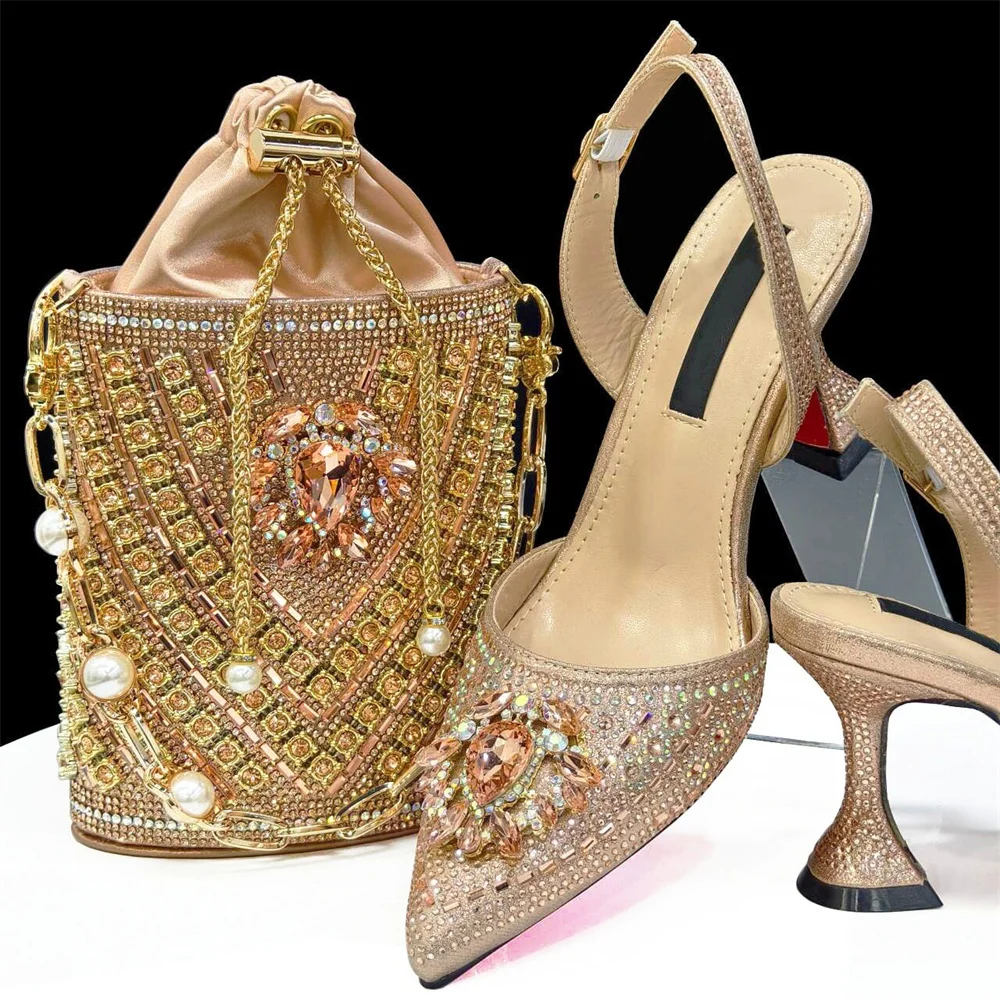 Summer Elegant Pointed Toe Design Italian Rhinestone Sandal Shoes And Bag Set For Wedding Nigerian Woman Pumps Shoes And Bag Set