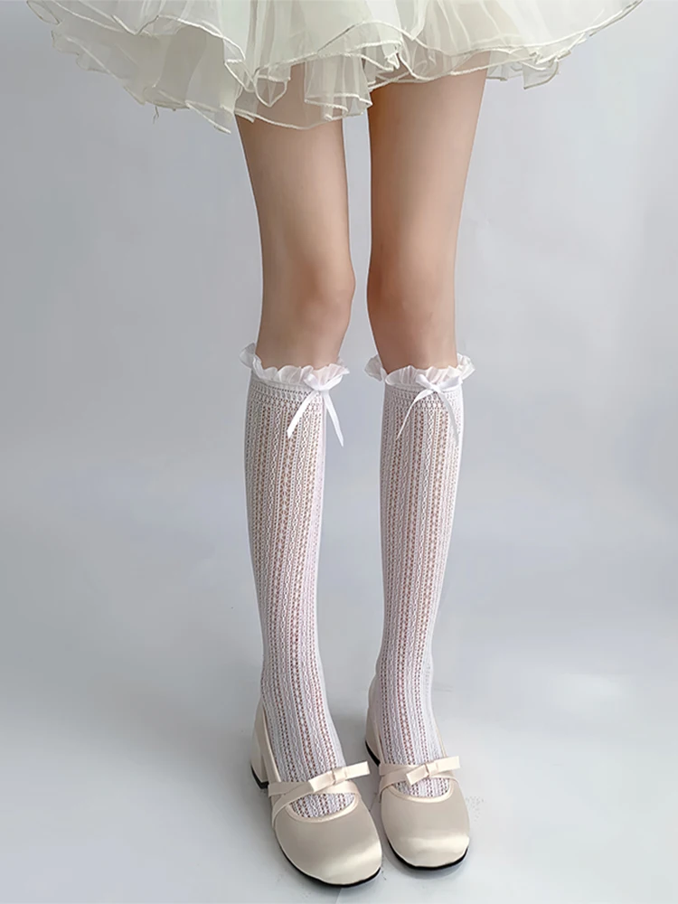 Tube Socks Women's Cotton Hollow Flower Pattern Lace Fashion Sexy All-Match SolidColor Calf Socks Retro Japanese Leg Shaping 1Pc