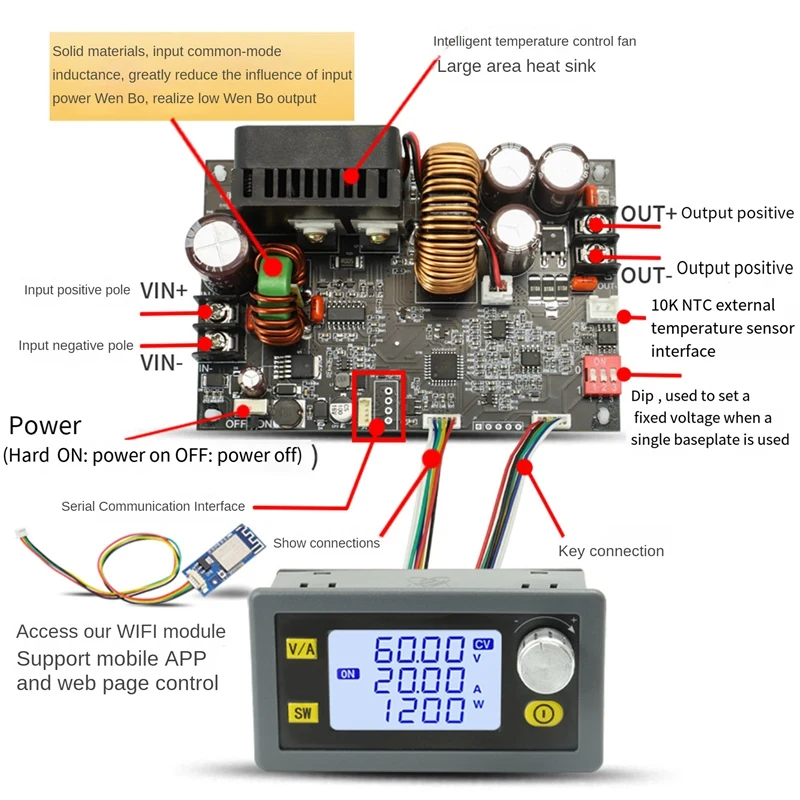 1200W DC CNC Antihypertensieve Boost Converter 6-70V Verstelbare Voeding Ingang Constante Spanning Solar Oplaadmodule