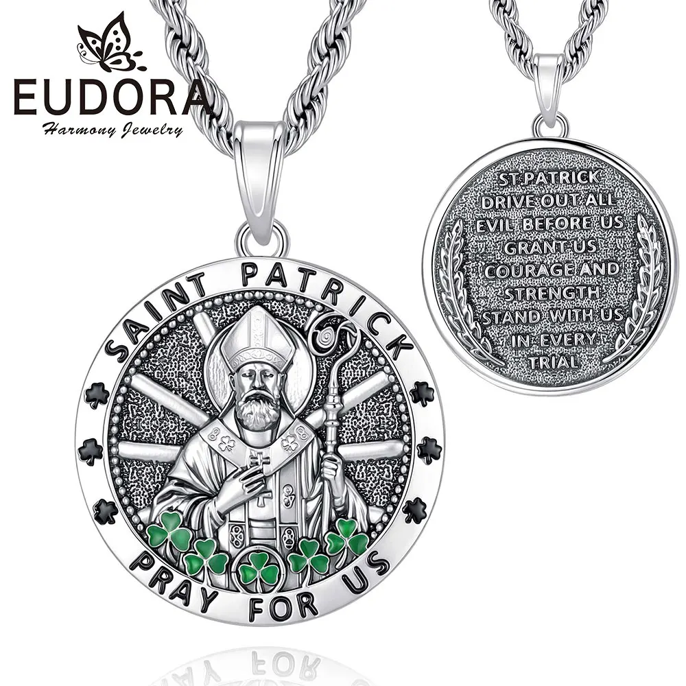 Eudora Copper Saint Patrick Necklace ﻿for Men Woman Pray for Us Christian Pendant  Religious Protection Jewelry Festival Gift  ﻿