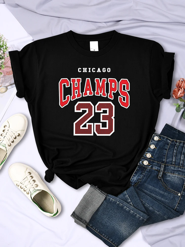 Streetwear CHICAGO CHAMPS 23 t-shirty z nadrukiem damskie Oversize luźny T-Shirt oddychający pot odzież moda Crewneck letnie szczyty