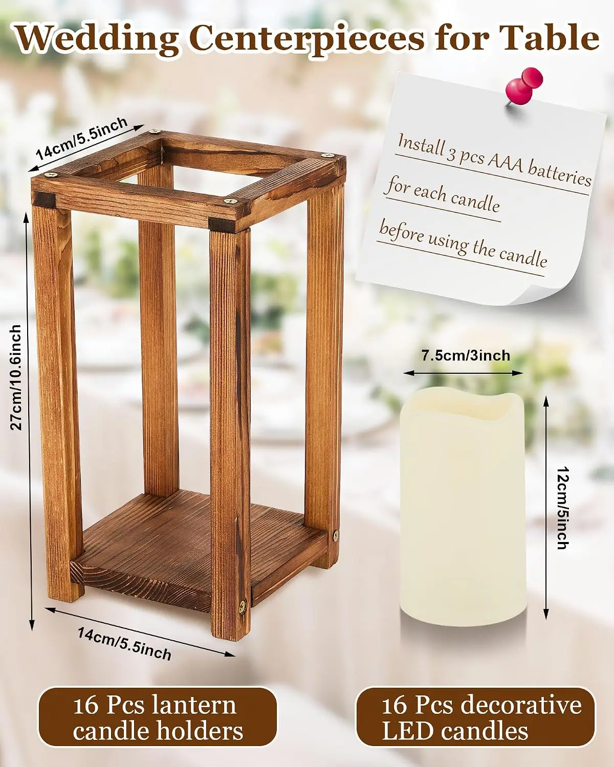 32 Pcs/16 Set Wooden Wedding Lantern Centerpiece Include Farmhouse Candle Holders and Flameless LED Candles for Rustic Wedding T