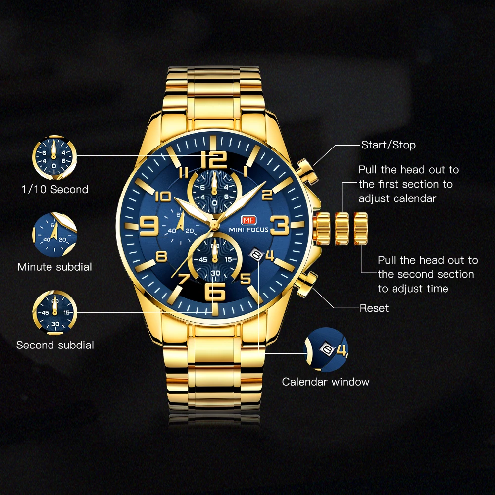 MINI FOCUS Gold Quartz Waterproof Watches for Men Chronograph Multifunction Dial Top Brand Stainless Steel Strap Luxury Watch