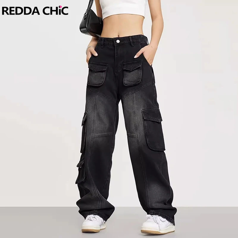 REDDACHiC Vintage Black Cargo Pockets Baggy Jeans Women Distressed Loose Casual Patchwork Wide Leg Denim Pants Grunge Streetwear