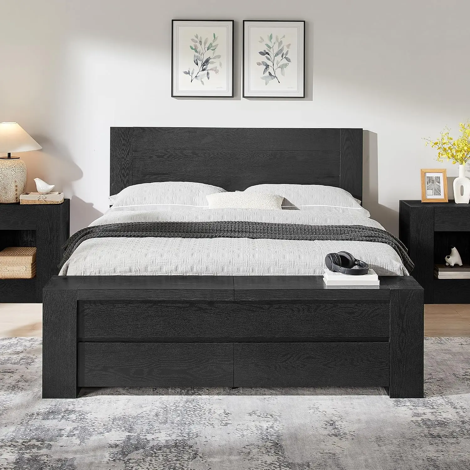 Queen Bed Frame With Headboard & Footboard Storage Bench, Oak Finish, Customized