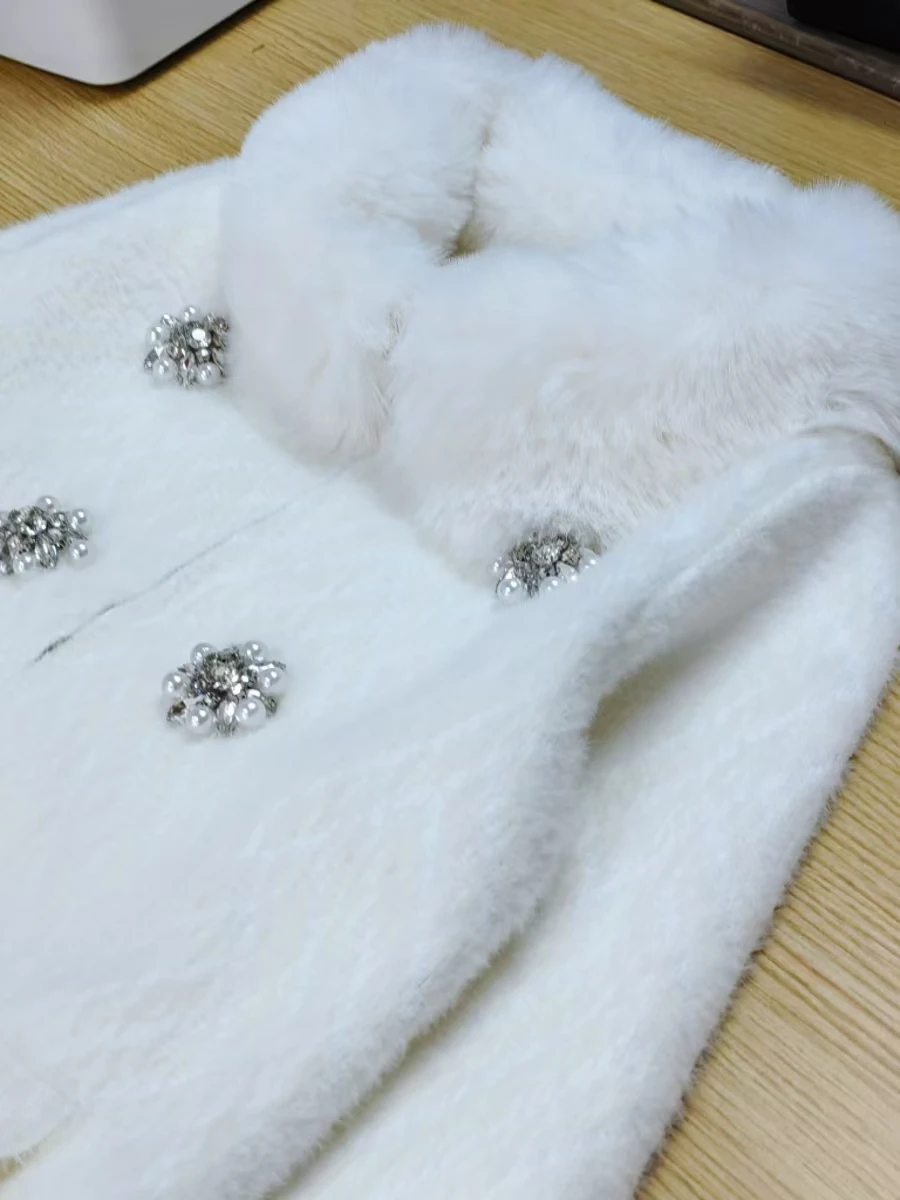 Real Photos Autumn Winter Knitwear Coat Faux Fox Fur Collar Knitted Cardigan Jacket Office Lady White Sweater Women Outwears