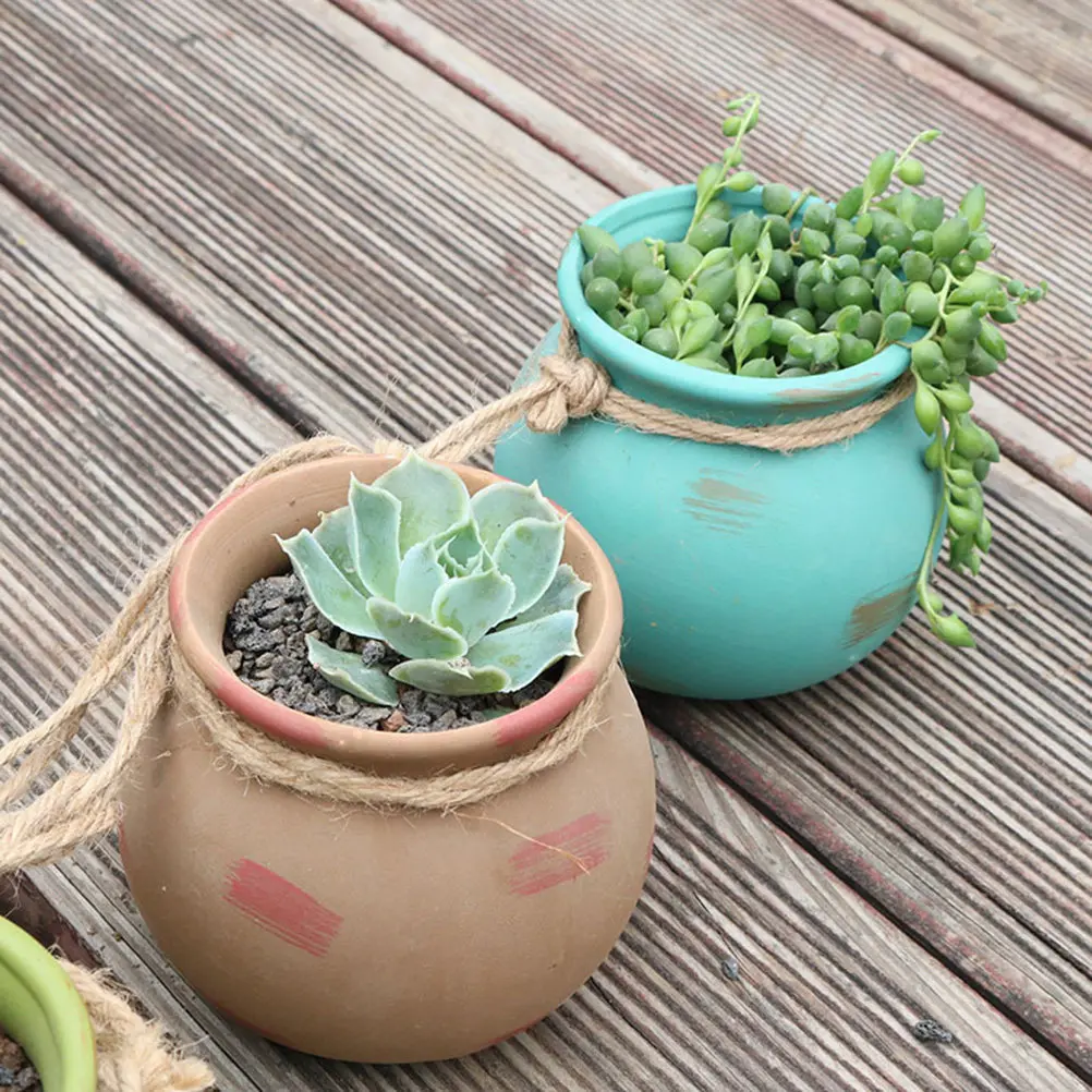 4Pcs Multicolor Cauldron-Shaped Hanging Ceramic Pot Set for Succulents with Hemp Rope Wall Ceiling Mount Mini Planters Terrarium