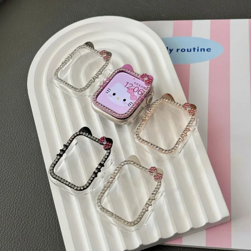 Bling Hello Kitty Protective Case for iWatch series 9 8 7 Rhinestone Women Fashion Cute Cartoon Frame Cover iWatch 41mm 44 45mm