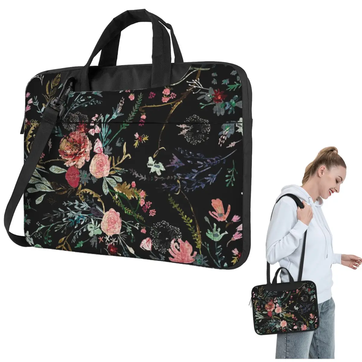 

Midnight Floral Crossbody Laptop Bag Case Computer Bag Resistant Protective Notebook Pouch for Lenovo
