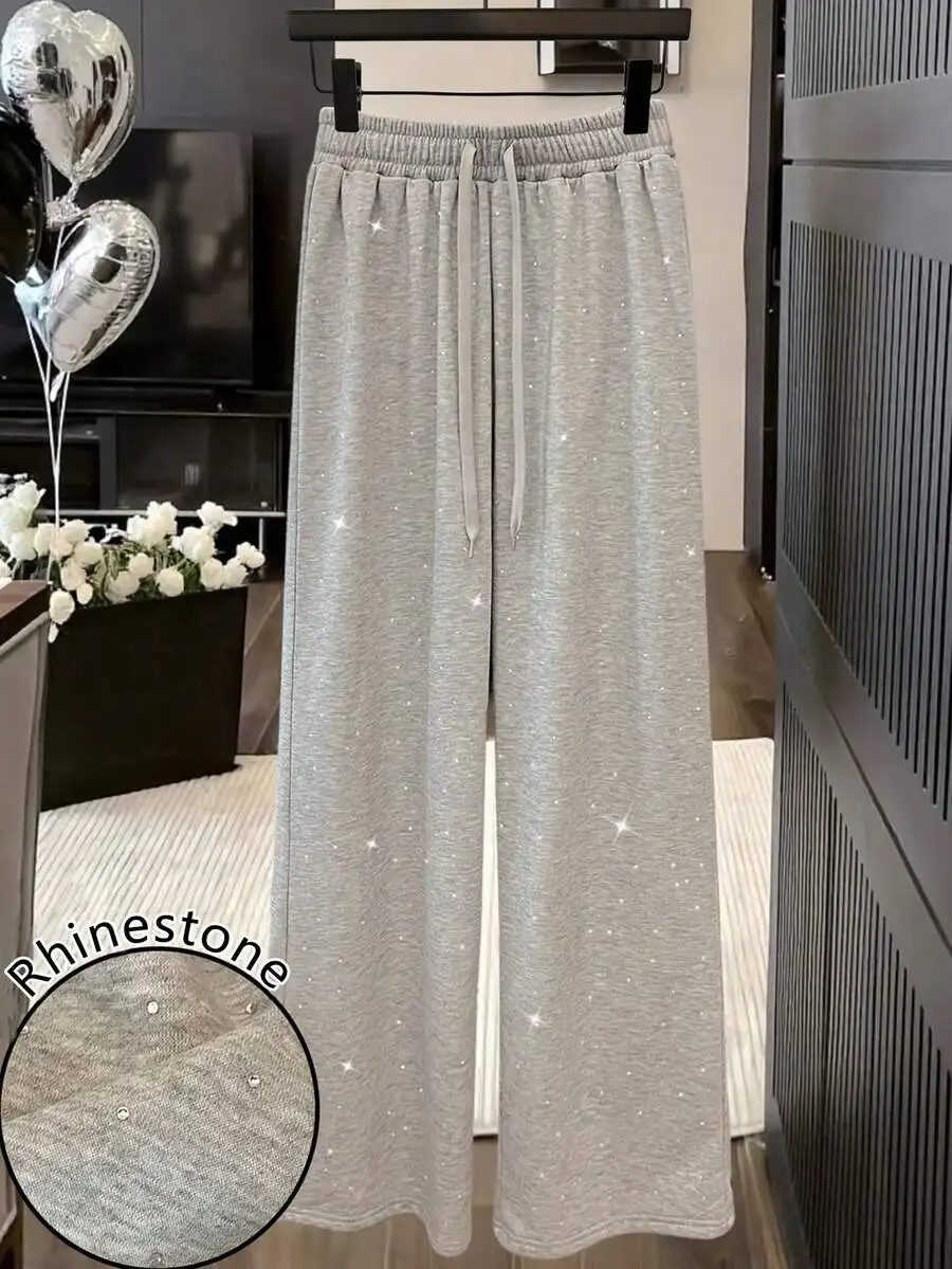 

Women's High Waist Rhinestone Embellished Loose Straight Leg Sweatpants