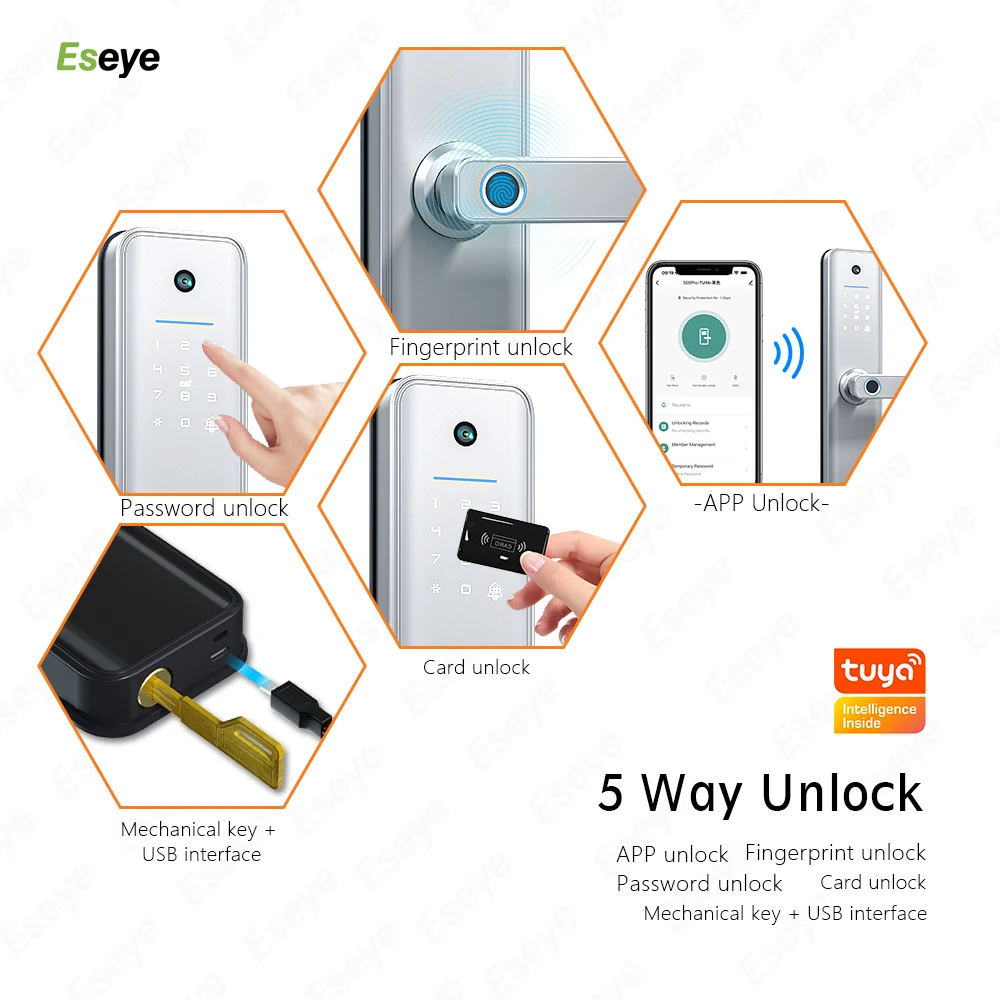 Eseye New Design Tuya Smart Lock Digital Viewer Password Key Cards APP Fingerprint Camera Door Lock