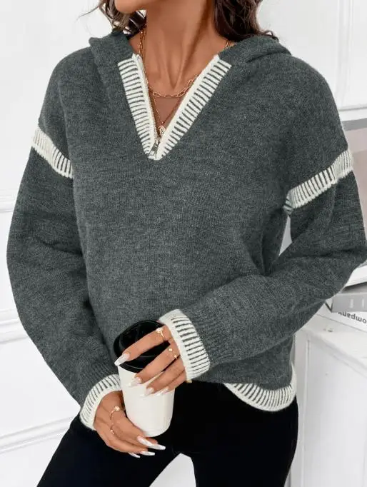 

2025 Casual Loose V-Neck Hooded Sweater, Dark Gray Contrasting Border Sweater