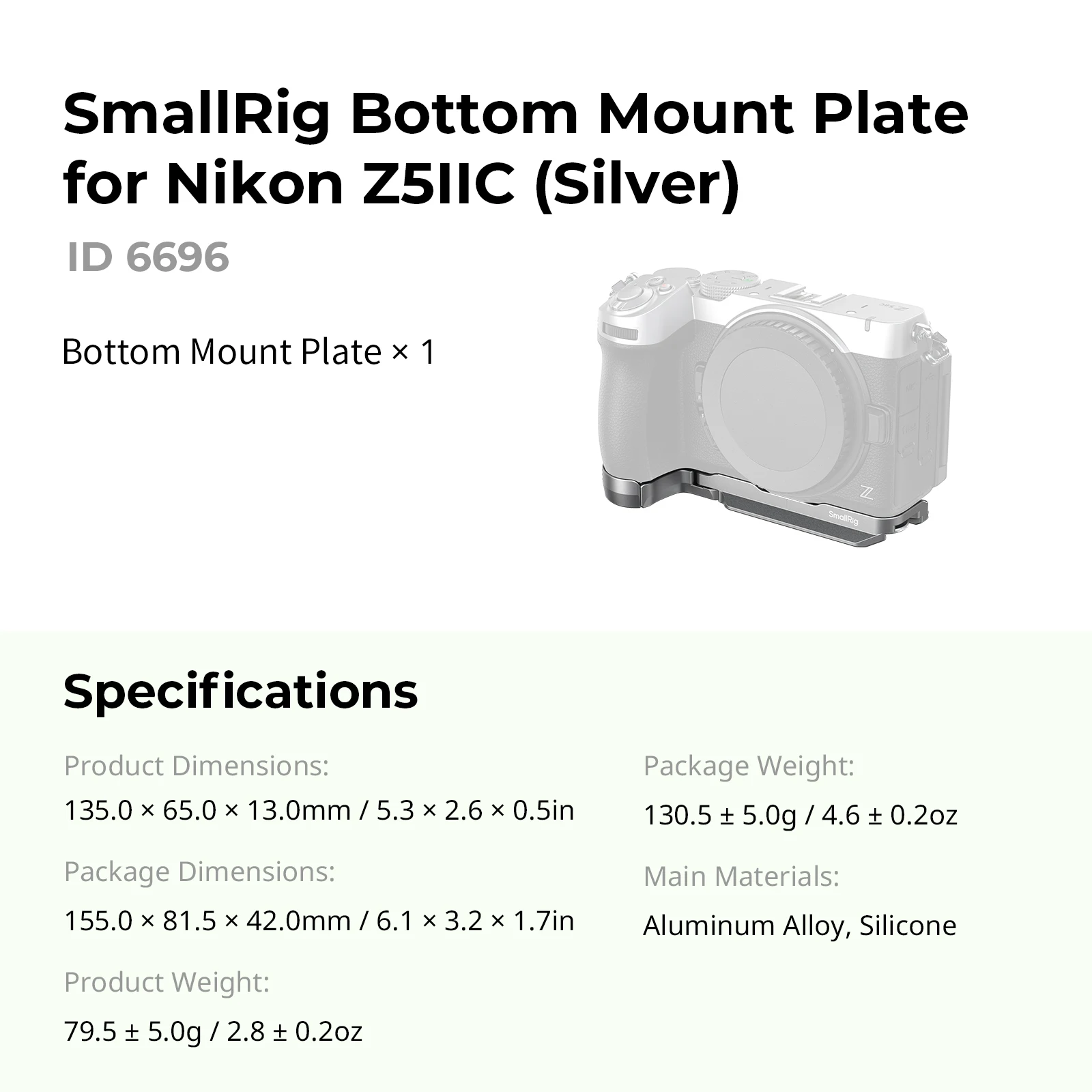 SmallRig Z5IIC-behuizing voor de Nikon Z5IIC, met Arca-Swiss-plaat, geschikt voor gebruik met DJI-gimbal-systemen en statieven van het Arca-type, met 1/4"-20 schroefgaten.