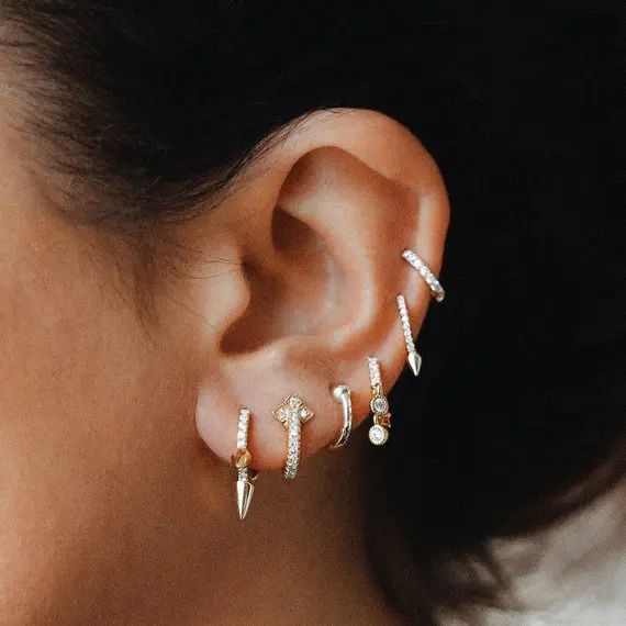 2018 three mini spike punk style women earring round cz hoop minimal delicate design Gold color wholesale high quality jewelry
