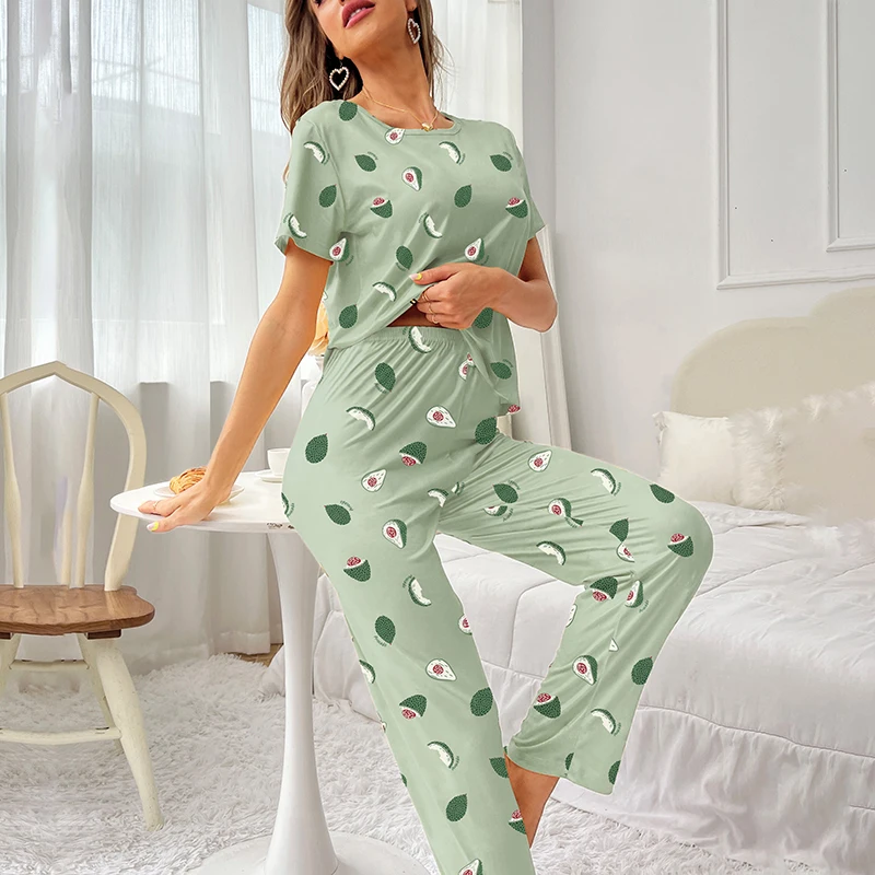 Women\'s Home Clothes 2023 Autumn New Pajamas Set Avocado Pattern Printing Short Sleeve T Shirt Long Pants Sleepwear 2 Piece Sets