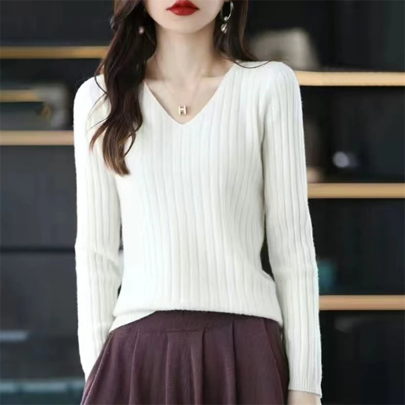 Women Clothing 2023 Autumn Winter Trendy Solid Soft Ribbed Basic Knitted Sweater Casual V Neck Long Sleeve Pullover Tops Jumpers