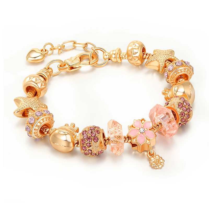 

New Original Vintage Jewelry New Gold Extend Chain Crystal Zircon Beads Flower Charms Bracelet For Women Fashion RJ207