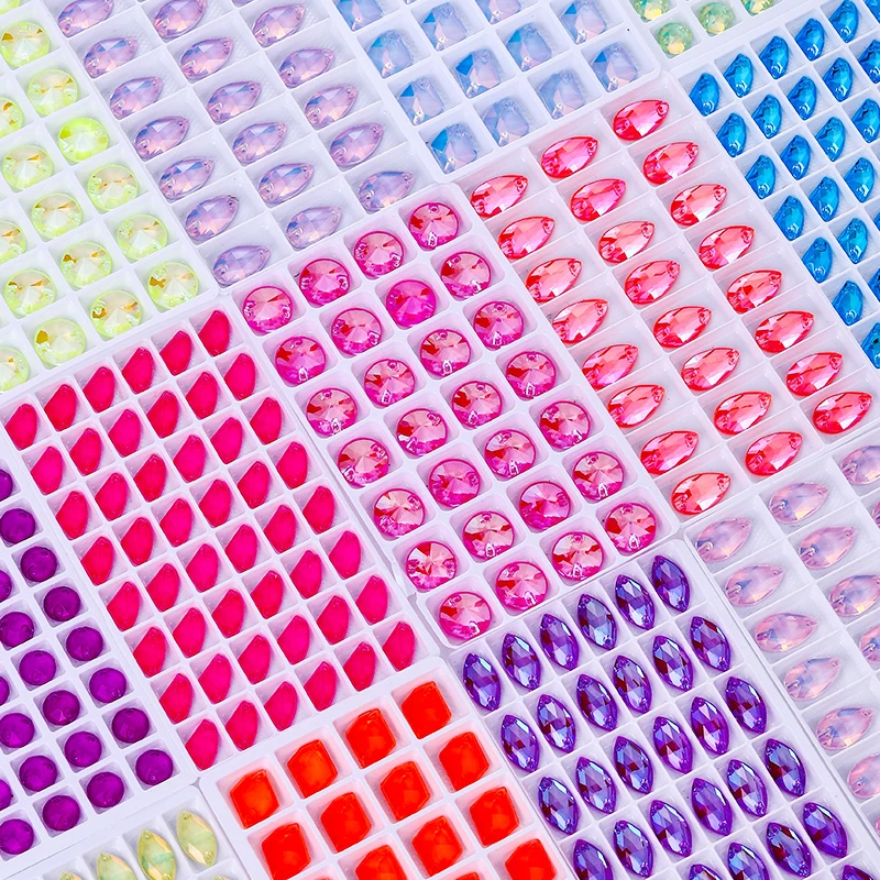 QIAO Navette Neon Color Glitter Sew On Rhinestones Flatback Sewing стразы Glass Crystal Gems For Garment Wedding Dress Clothes