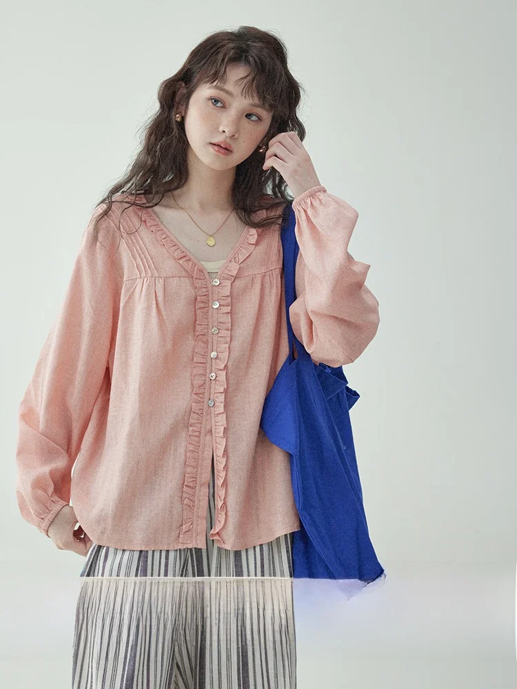

AMUU Original Design Lace Trim Button up Long Sve V-Ne Women's irt Spring New Color Loose Fit Commute Sle