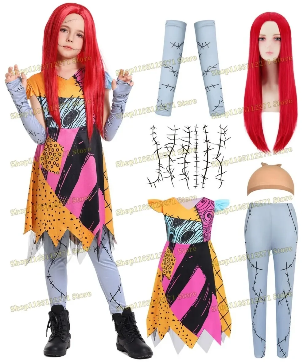 Strój Cosplay dla Dziewczynek Krzyżowy Sen na Boże Narodzenie, Kostium Księżniczki dla Dzieci i Niemowląt na Halloween z Czerwoną Peruką, Naklejkami Tatuażami
