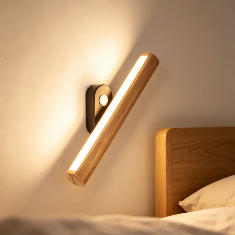 Nordic Minimalist Rotatable Wooden LED Wall Sconce With Built-in Switch Bedside Reading Wall Lamp For Bedroom Home Decor Fixture