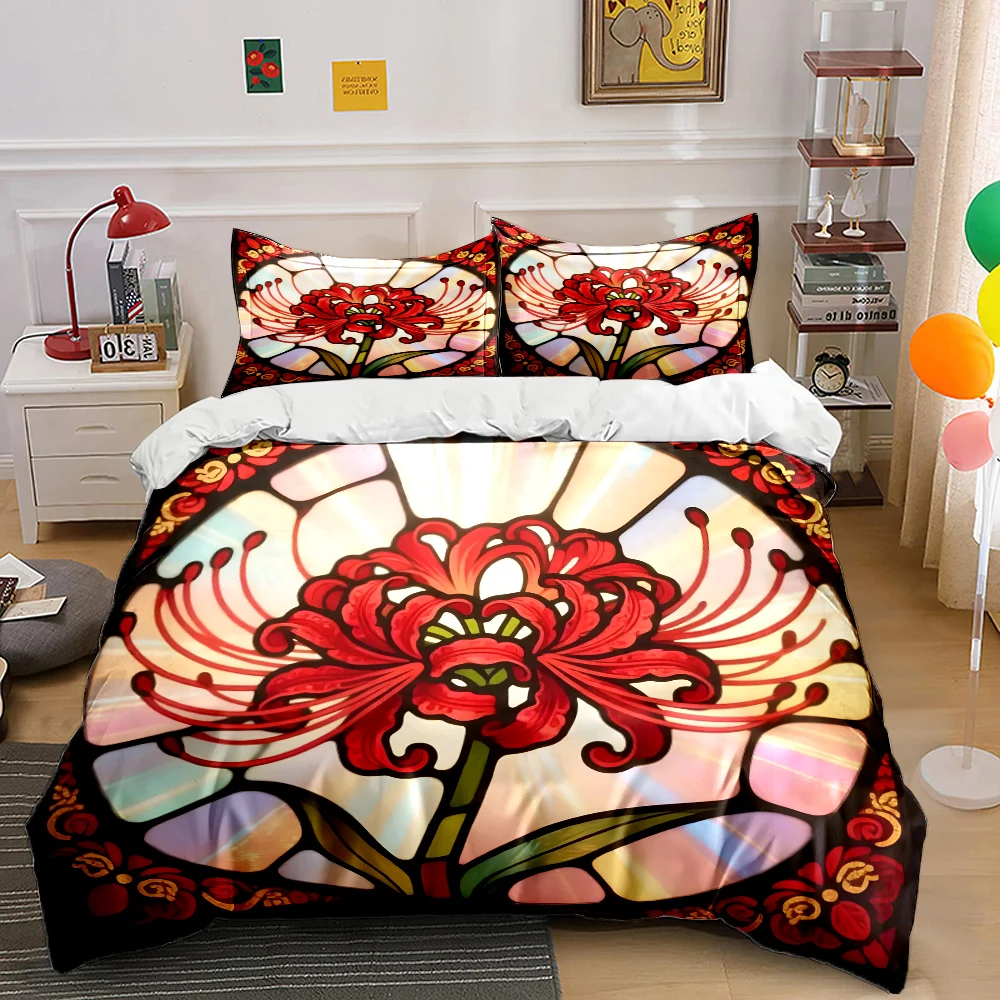 Stained glass red spider lily design Print Soft Comfortable Duvet Cover Bedding Set Included 1*Duvet Cover  2*Pillowcases