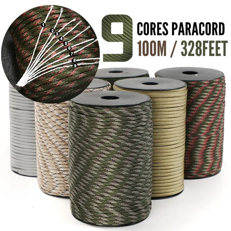 Military Paracord for Outdoor Survival, 9 Strand, 4mm, 650 Paracord, 50m, 100m, Tactical Parachute Cord, Camping, Weaving Rope