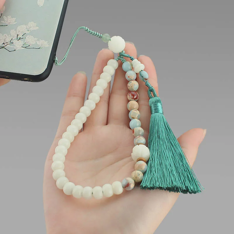 DIY accessories Chinese style Shoushan stone mobile phone chain pendant white jade Bodhi short wrist rope personalized creative