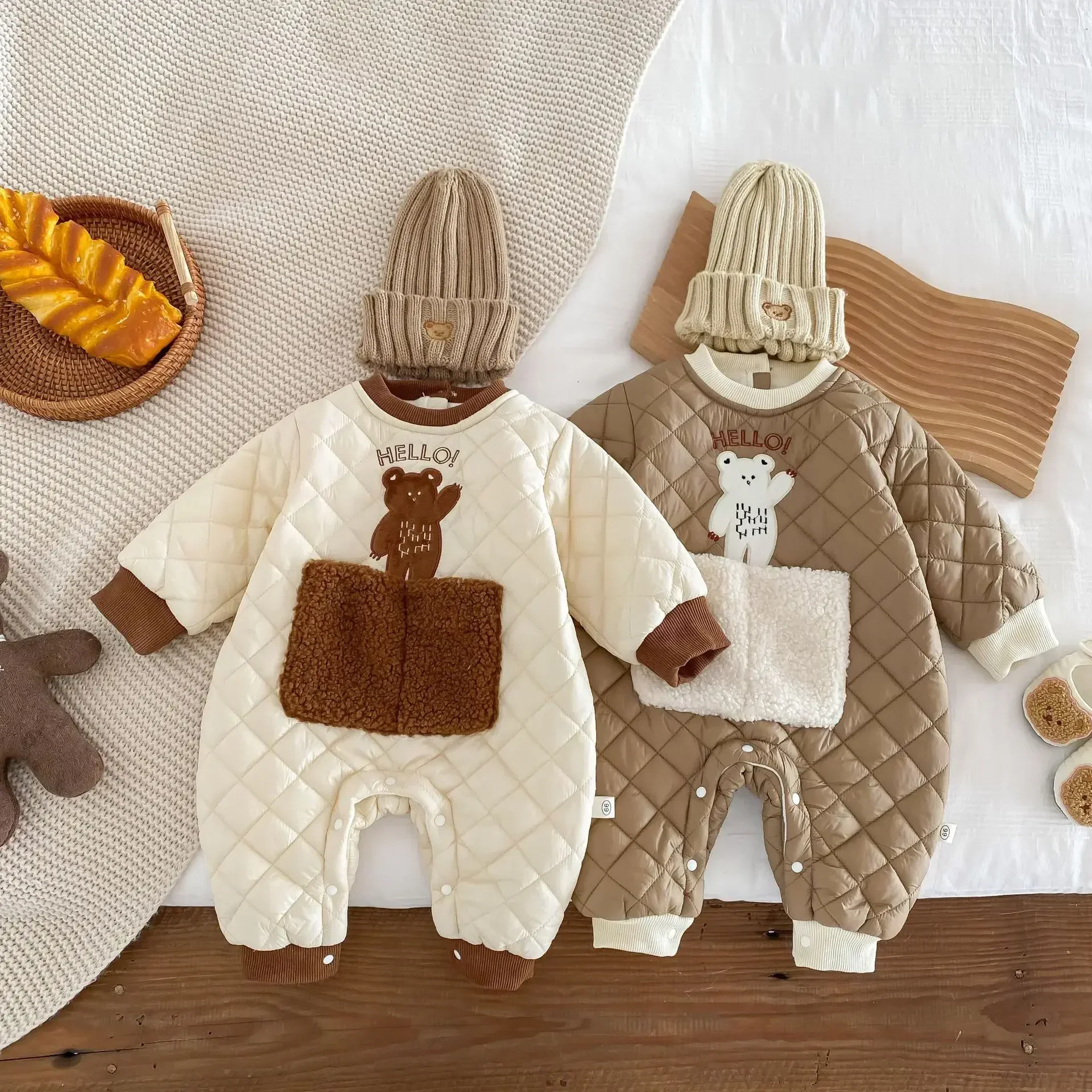 

Infant Baby Girls Boys Full Sleeve Cartoon Bear Kangaroo Bag One-pieces Kids Newborn Quilted Plush Jumpsuits Toddler Romper