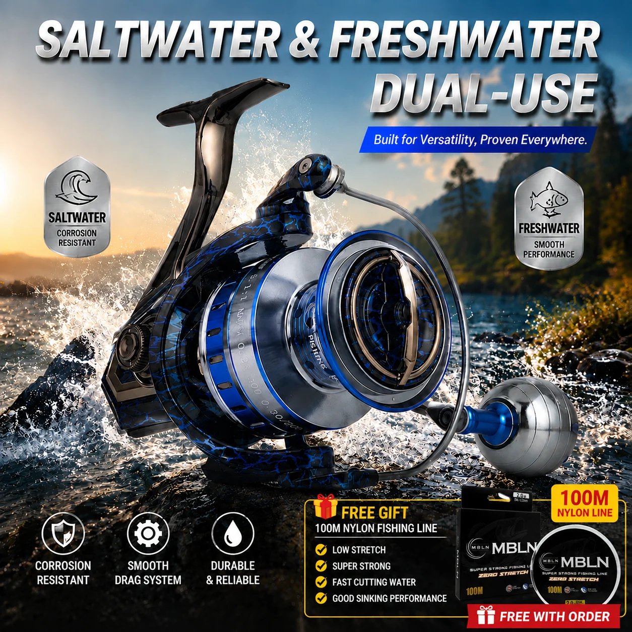 MBLN, 90% Metall-Spinnangelrolle, geeignet für Süß- und Salzwasser, maximale Bremskraft 20 kg, Metallgriff, Spule und Rollenfuß. – Detail 2