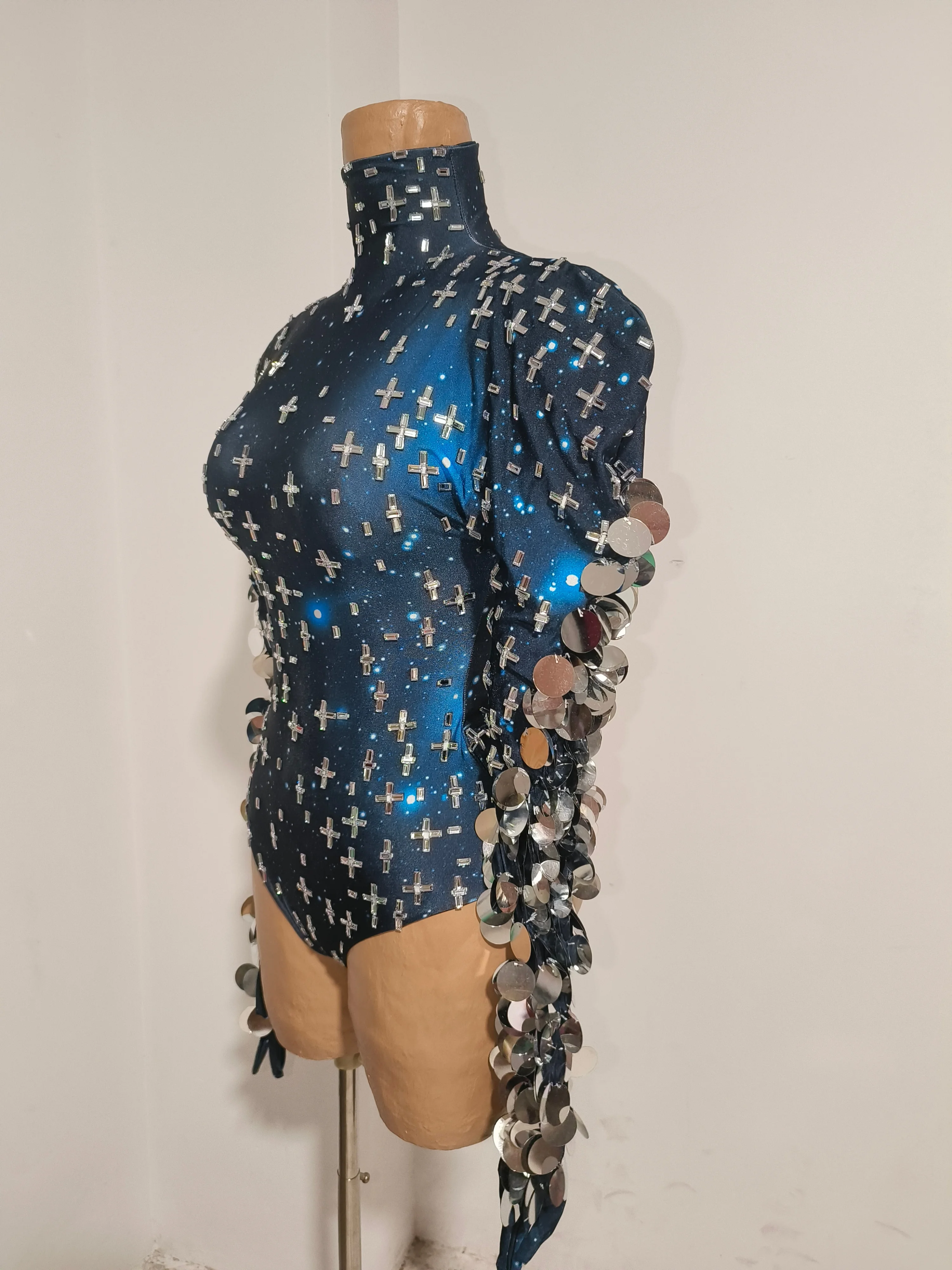 Dark Blue Starry Sky Sparkly Bodysuit LongPuff Sleeve Large Holographic Sequins ArmTassel Concert Show Dancer Stage Wear