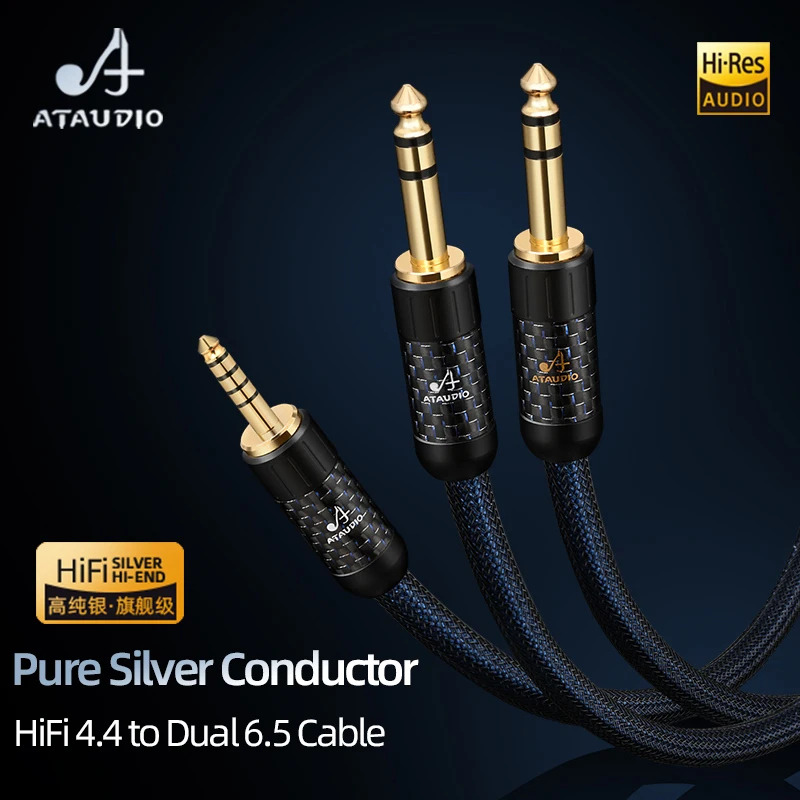HiFi 4.4mm to Dual 6.5mm Audio Cable  Hi-end Pure Silver Core Gold-plated Balanced 4.4 Jack to Dual Stereo 6.5 TRS Amplifier