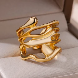 Anillos de acero inoxidable para hombre y mujer, sortija abierta ancha hueca de Color dorado, joyería de dedo para fiesta de boda, regalo 2024