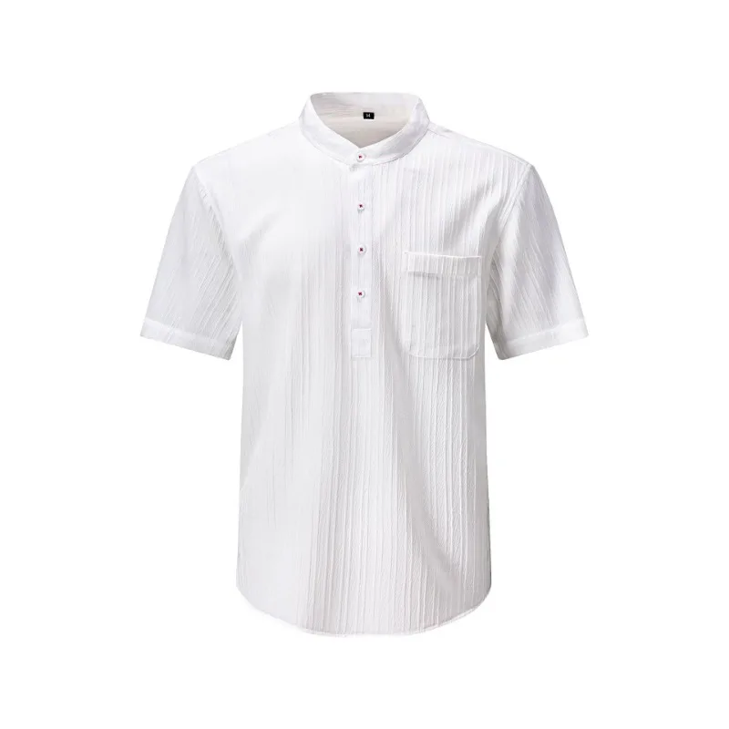 

Fashionable men's shirt sea wave strips casual short-sleeved stand collar loose solid color versatile button splicing pullover