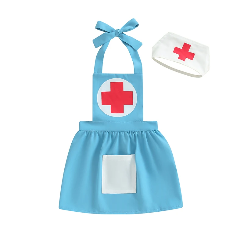 Little Girls Halloween Cosplay Costume Nurse Costume Apron Headband Set for Themed Party