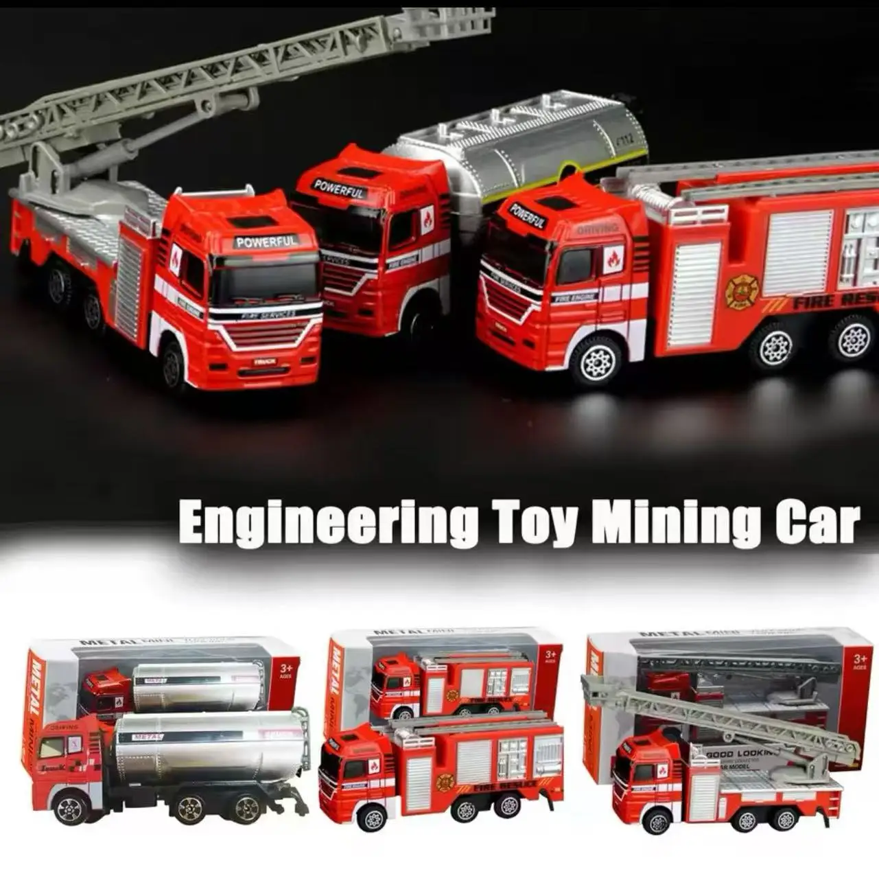 1pc 1:64 Casting Fire Truck Model Toy Alloy Fire Truck Toy Inertial Pull Pull Force Vehicle Engineer Fire Truck Simulation Colle