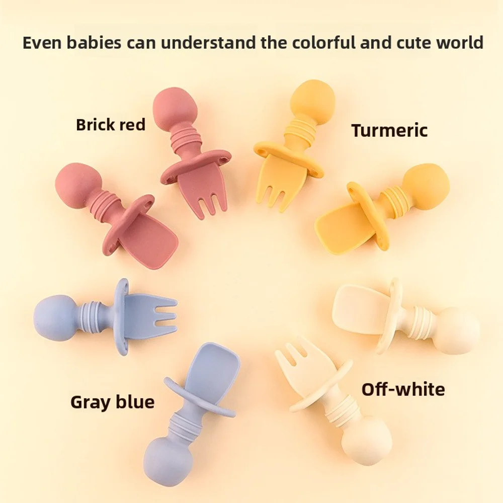 

2pcs Food Grade Children Wooden Handle Silicone Spoon Fork Cutlery Baby Training Complementary Food Spoon Babyfeeding Spoon Fork