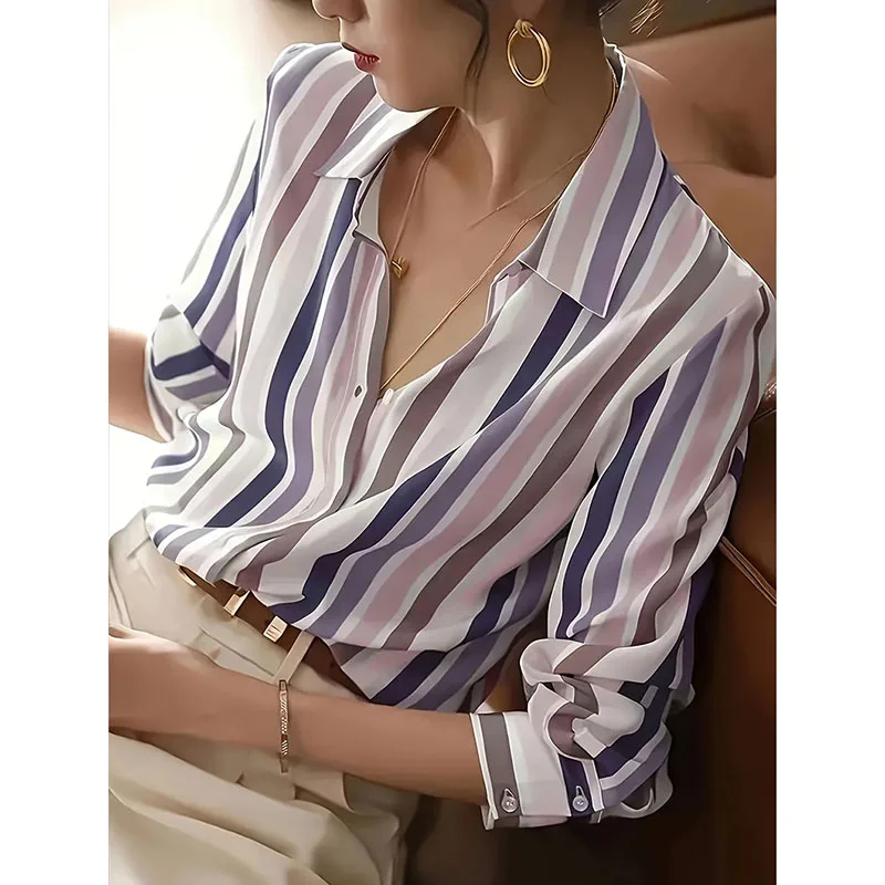 

Elegant Chic Office Lady Turn Down Collar Shirt Simple Temperament Contrast Color Striped Shirts Long Sleeve Chiffon Blouses