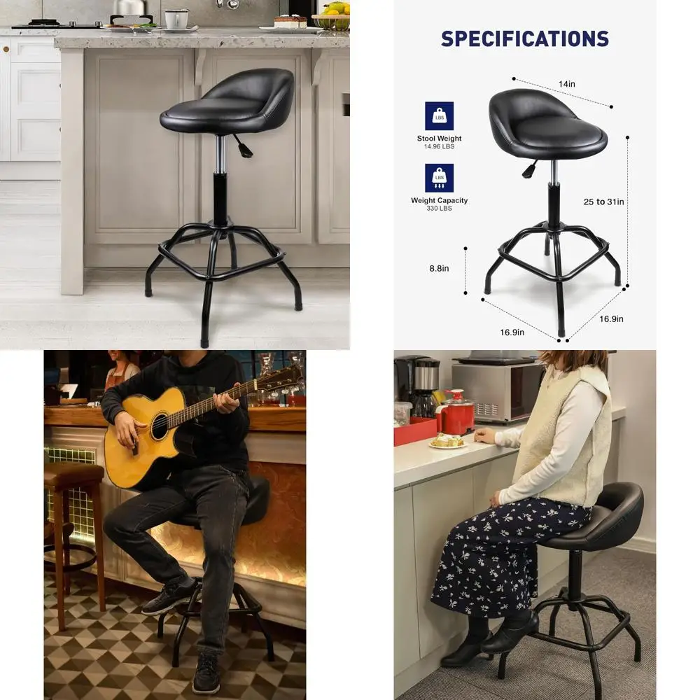 Adjustable Swivel Bar Stools for Kitchen Counter, Work Bench Stool with Back Support, Black (330lb Capacity)