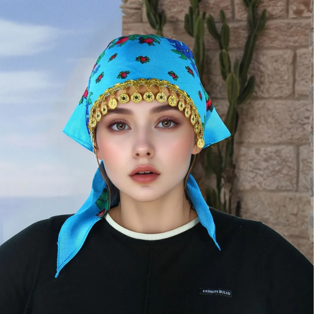 Nuevo Pañuelo triangular árabe de alta sensación con diseño de lentejuelas doradas con estampado de peonías de estilo étnico para mujer
