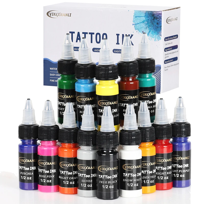 Pigmento de tinta de tatuaje con caja, pintura de belleza profesional, suministros de tatuaje semipermanente, 14 colores, 15ml