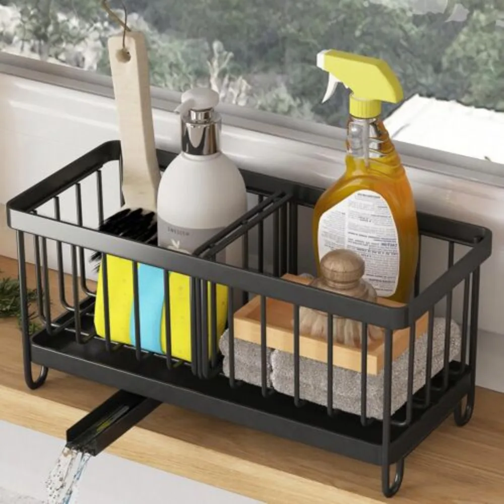 Steel Sponge Holder Caddy Organize With Drip Tray Rack Kitchen Sink Black