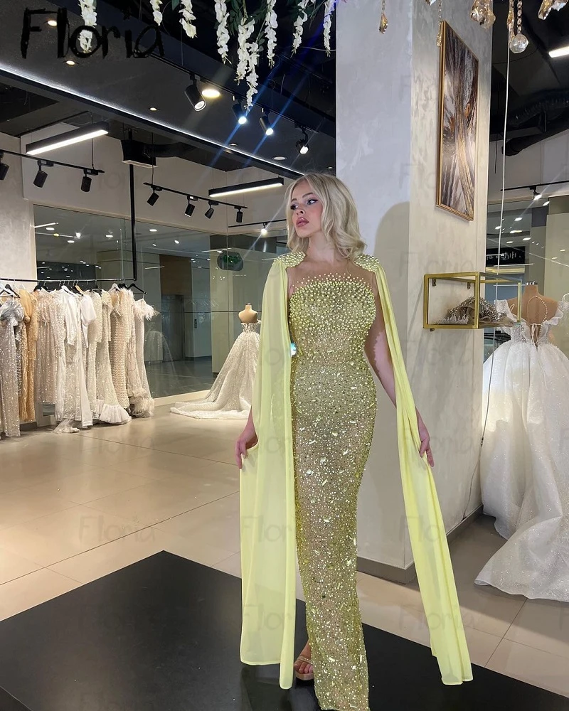 Robe de soirée à manches cape avec perles jaunes, paillettes perlées de Dubaï, robes de soirée, robes éducatives pour toutes les occasions formelles, acheter