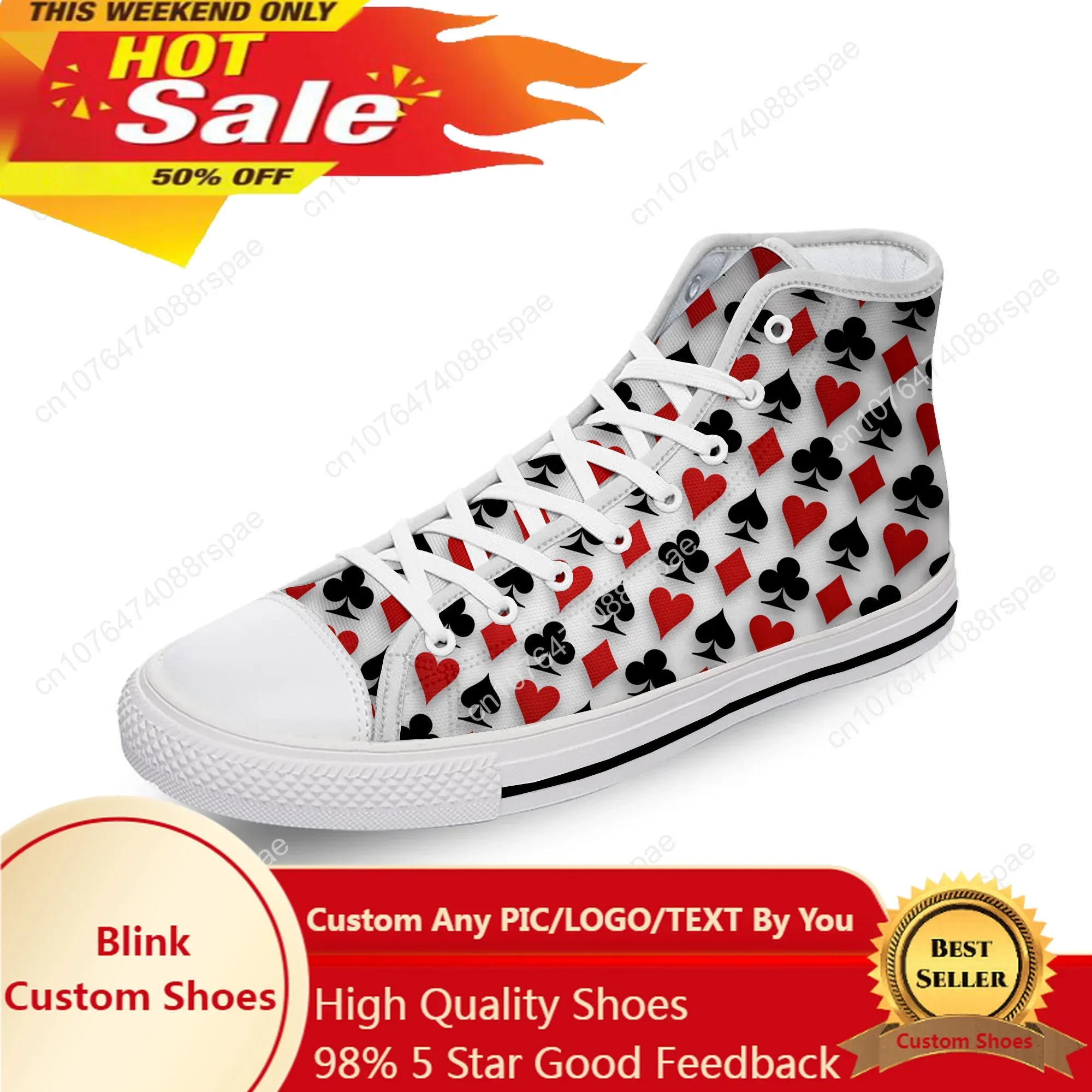 

Playing Card Poker Popular Cool White Cloth Fashion 3D Print High Top Canvas Shoes Men Women Lightweight Breathable Sneakers