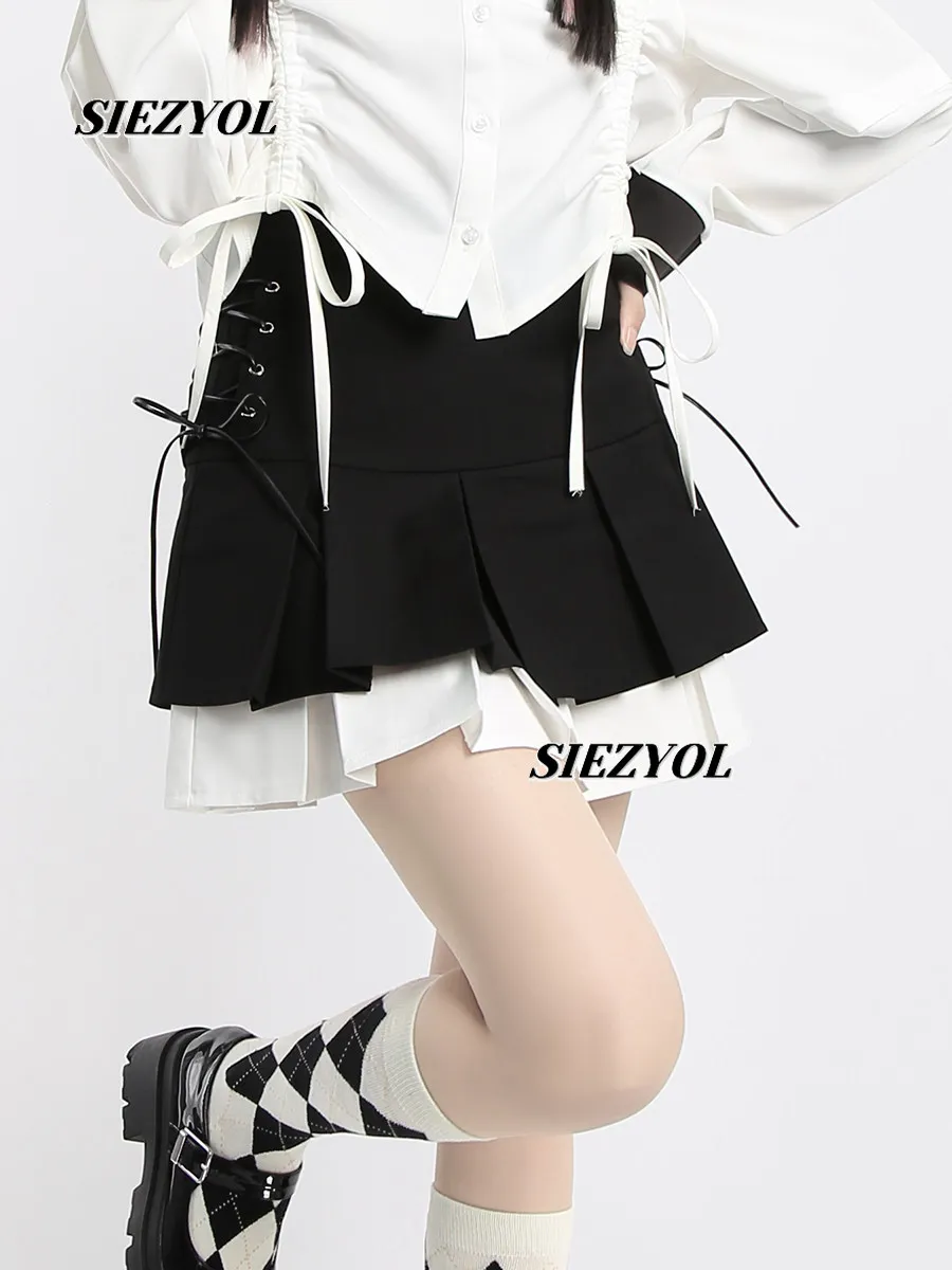 

Summer New Arrival Original Double-layer Color Matching Strap Mini Skirt Sweet Cute Girls Asymmetrical Pleated Short Skirts