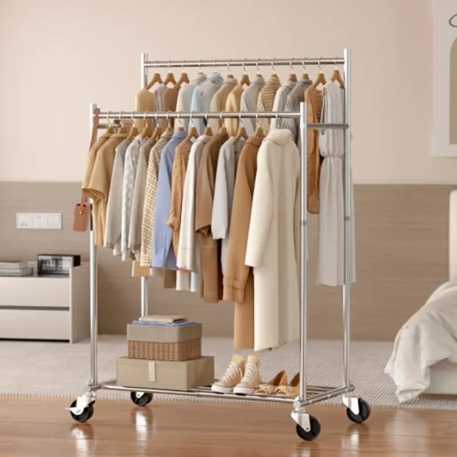 Clothes Rack, Double Rods Rolling Clothing Rack for Hanging Clothes load 400LBS, Portable Garment Coat Rack with Wheels Wardrob