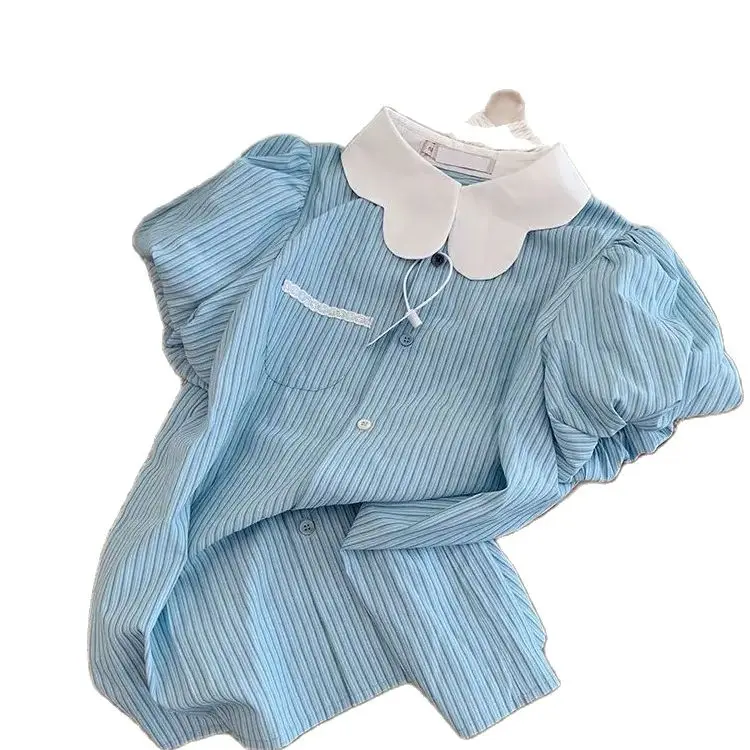Blouses Striped Patchwork Pocket Button Japanese Style Korean Preppy Style Summer New Women'S Collar Loose Short Sleeve Shirts